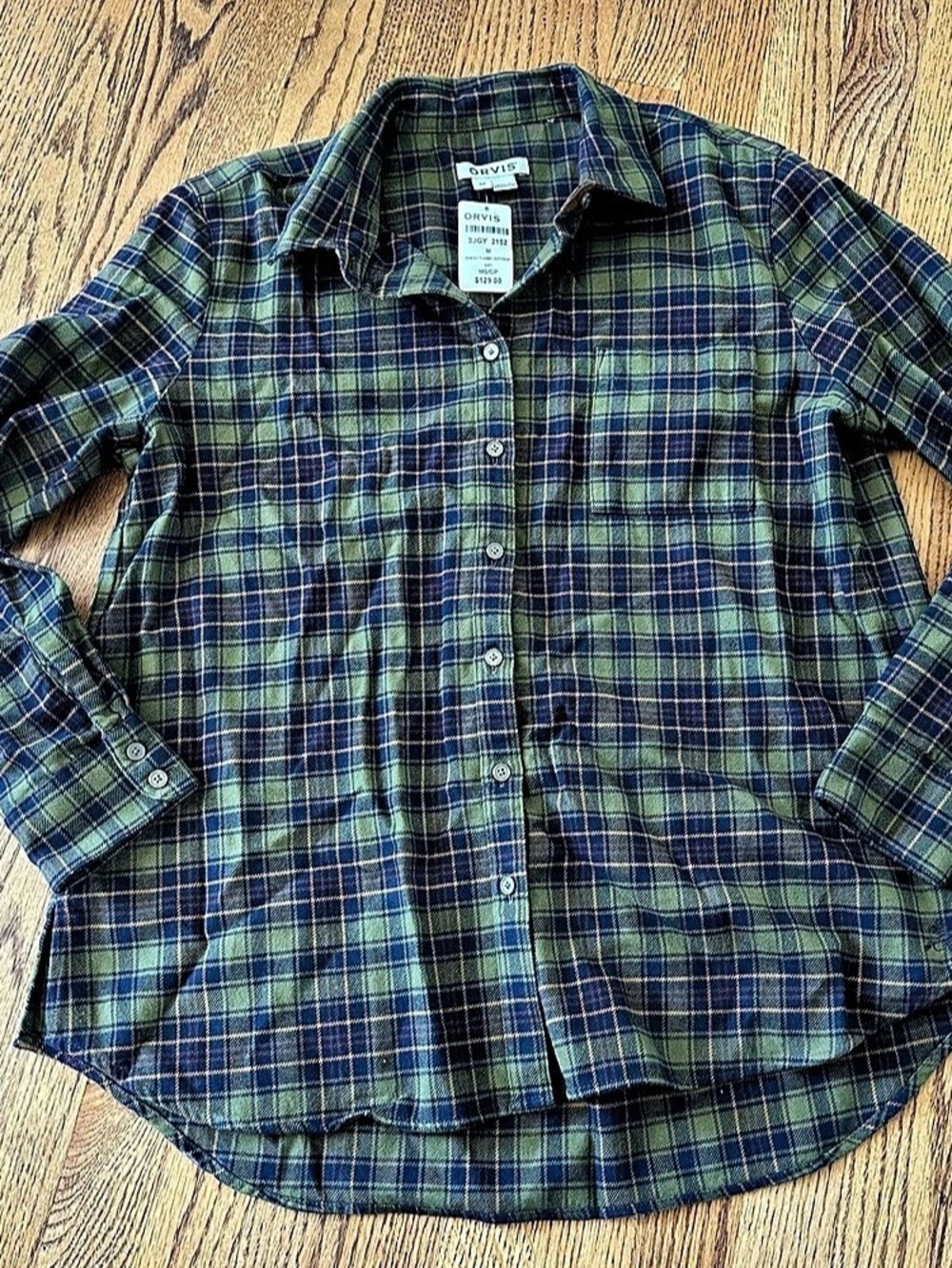 Orvis Perfect Flannel Boyfriend Shirt Plaid Cotton Shirt in Green & Blue Size Me
